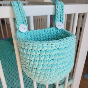 Crib Hanging Basket, Crochet Toy Storage Basket, Nursery Crib Decor, Crochet Baby Organiser, Toy Storage Bag, Boho Baby Bed Organiser