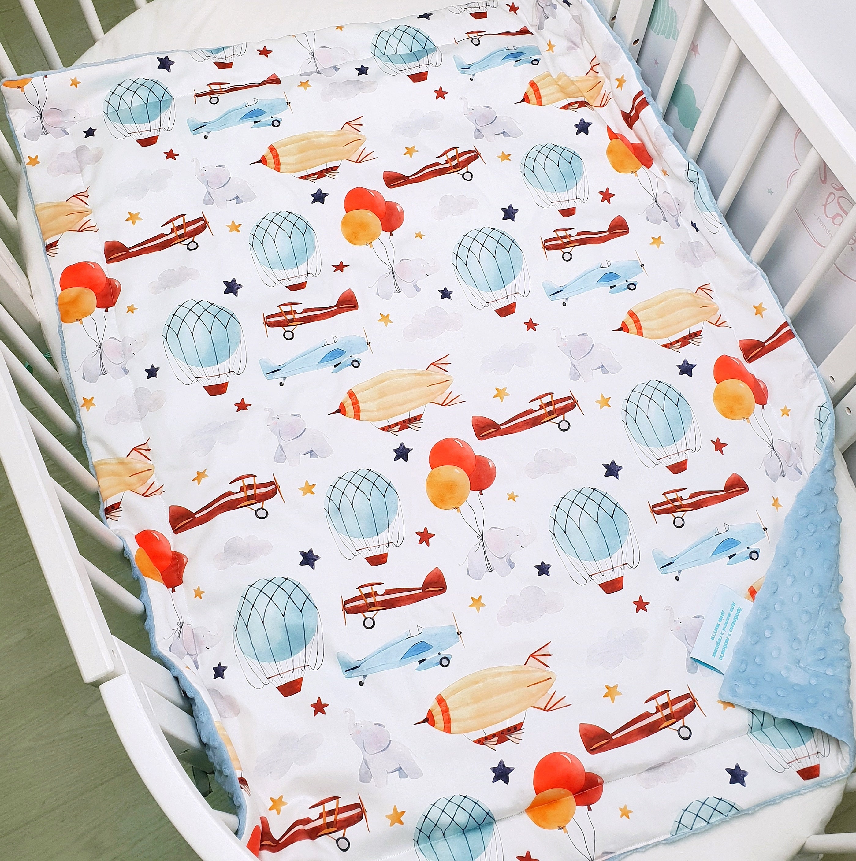 Vintage Airplane Baby Blanket, Hot Air Balloon Nursery Bedding
