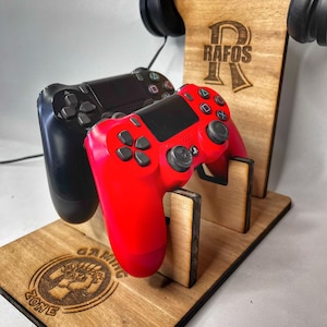 Laser-Cut Wooden Controller and Headphone Stand - Gamer Design Option - Personalized Name Logo