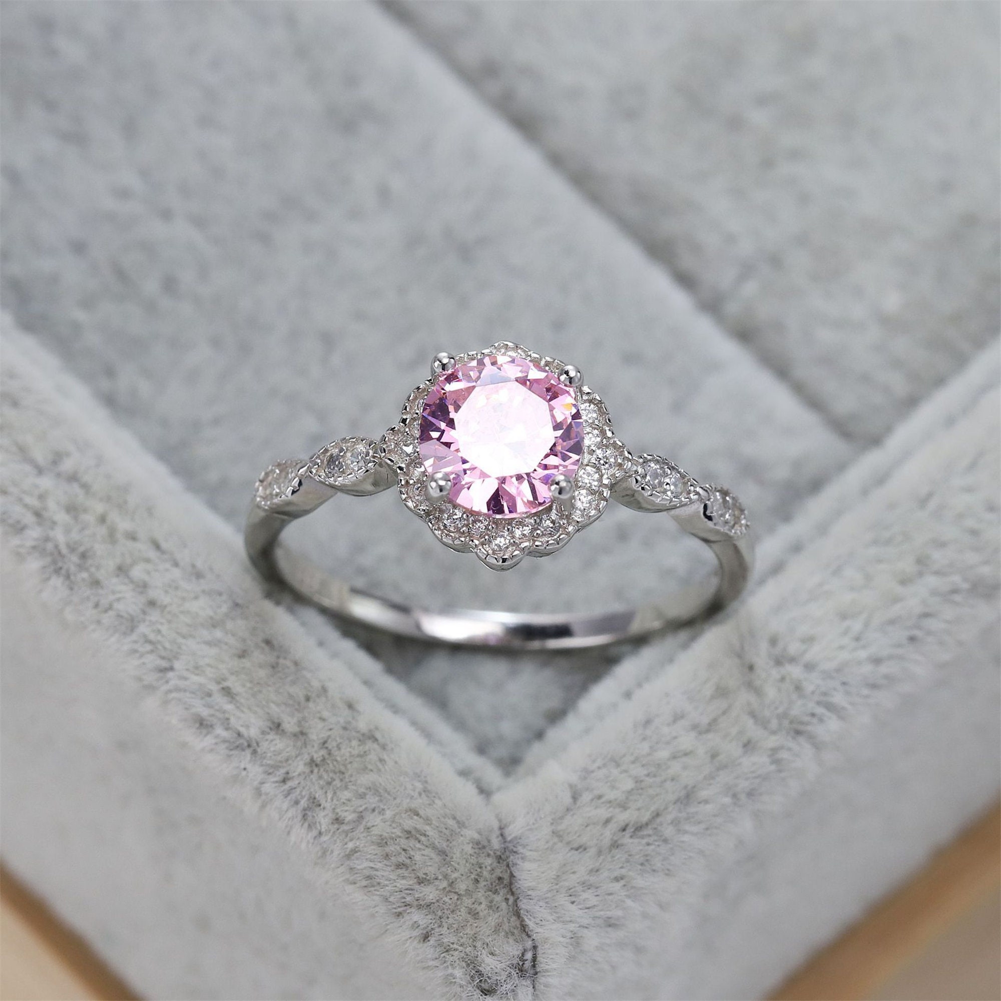 Pink Solitaire Rings for Women, Minimalist Engagement Ring for Her