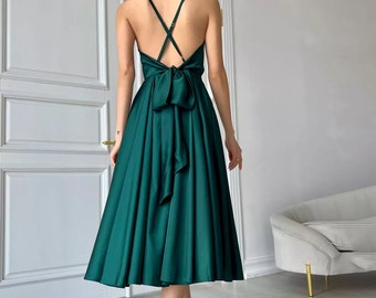 Emerald Green Satin Open Back Cocktail Midi Dress Cottagecore Dress Wedding Guest Dress Bridesmaid Dress Boho Summer Party Dress Prom Dress