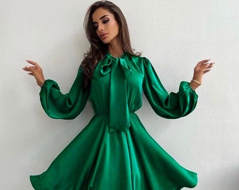 Bright Green Satin Mini Cocktail Dress Long Sleeve Dress Wedding Guest Dress Summer Party Dress Silk Elegant Mini Dress Beach Boho Dress