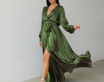 Olive Bridesmaid Dress Satin Maxi Wrap Dress Wedding Guest Dress Silk Maxi Dress Beach Boho Dress Formal Dress Evening Dress Prom Dress