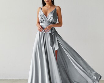 Silver Grey Bridesmaid Dress Silk Satin Maxi Wrap Dress Summer Dress Beach Boho Dress  Long Prom Dress Evening Gown Minimalist Dress