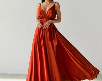 Rust Bridesmaid Dress Satin Maxi Wrap Dress Silk Maxi Dress Summer Dress Beach Boho Dress  Long Prom Dress Evening Gown Minimalist Dress