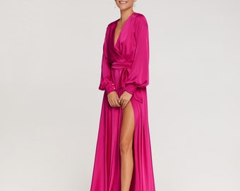 Fuchsia Pink Satin Long Sleeve Maxi Dress Bridesmaid Dress Wedding Guest Dress Summer Beach Boho Silk Dress Formal Evening Long Prom Dress