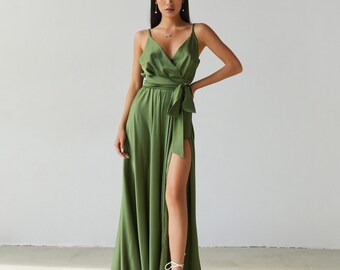 Olive Bridesmaid Dress Silk Maxi Summer Dress Satin Maxi Wrap Dress Beach Boho Dress Long Prom Dress Formal Evening Gown Minimalist Dress