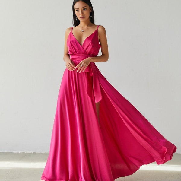 Fuchsia Hot Pink Bridesmaid Dress Satin Maxi Wrap Dress Silk Maxi Dress Summer Dress Beach Boho Dress  Long Prom Dress Formal Evening Dress