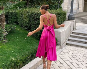 Fuchsia Pink Satin Open Back Midi Cocktail Dress Cottagecore Dress Wedding Guest Dress Bridesmaid Dress Summer Party Dress Silk Prom Dress