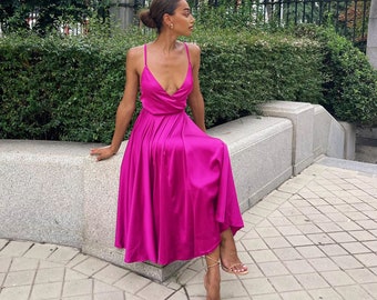 Fuchsia Pink Satin Open Back Cocktail Midi Dress Cottagecore Dress Wedding Guest Dress Bridesmaid Dress  Boho Summer Party Dress Prom Dress