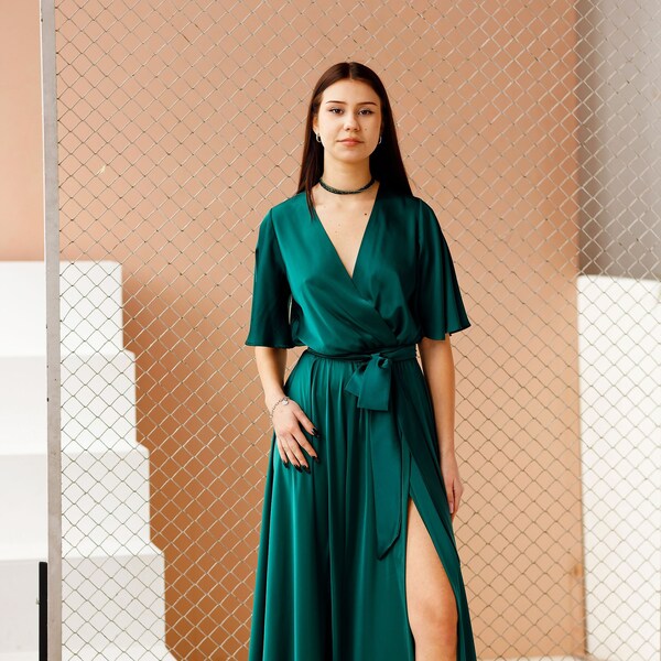 Emerald Green Satin Flutter Sleeve Maxi Wrap Dress Bridesmaid dress Wedding Guest Boho Formal Silk Floor Length Evening  Gown