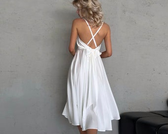 White Satin Midi Formal Dress Beach Boho Dress Cottagecore Dress White Silk Elegant Midi Dress Summer Party Dress White Prom Cocktail Dress