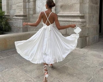 White Satin Summer Beach Boho Wedding Dress White Silk Wedding Reception Engagement Sleeveless Bridal Dress Short Simple Wedding Dress