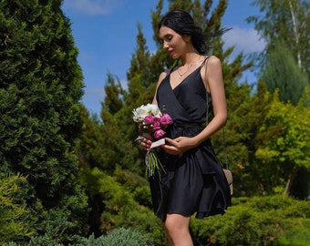 Black Satin Mini Cocktail Dress Wedding Guest Dress Short Prom Dress Summer Party Dress Silk Beach Boho Mini Formal Dress Silk Mini Dress