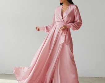 Dusty Pink Bridesmaid Dress Satin Maxi Formal Dress Wedding Guest Dress Mother Of The Bride Dress Evening Dress Silk Long Sleeve Dress