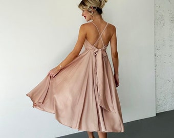 Champagne Satin Midi Formal Dress Cottagecore Dress Wedding Guest Dress Bridesmaid Dress Summer Party Dress Silk Cocktail Dress Prom Dress