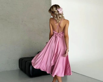 Dusty Pink Satin Midi Formal Dress Bridesmaid Dress Cottagecore Dress Wedding Guest Dress  Summer Party Dress Silk Cocktail Dress Prom Dress