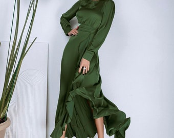 Olive Satin Ruffle Midi Robe formelle Robe d’invité de mariage Robe midi à manches longues Robe de soirée Robe de bal longue Robe mère de la mariée