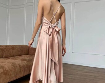 Champagne Satin Dress Bridesmaid Dress Cottagecore Dress Backless Dress Wedding Guest Dress Satin Midi Dress Formal Autumn Fall Dress