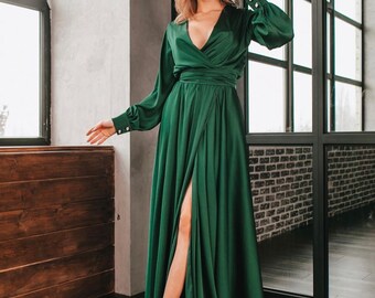 Emerald Green Satin Long Sleeve Maxi Dress Bridesmaid Dress Wedding Guest Dress Silk Maxi Party Dress Evening Gown Long Prom Dress