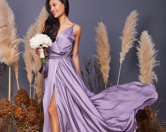 Mauve Silk Maxi Wrap Dress Bridesmaid Dress Wedding Guest Dress Satin Maxi Wrap Dress Boho Dress Autumn Fall Dress Prom Evening Gown