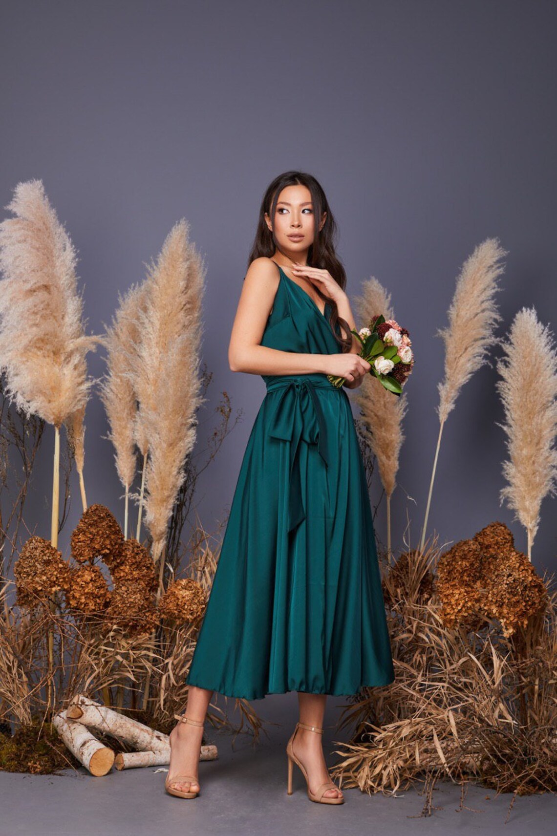 Emerald Green Satin Midi Wrap Dress/ Emerald Green Bridesmaid Etsy UK