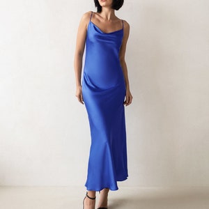 Sapphire blue satin maxi slip dress, Cowl neck slip dress, Bridesmaid dress, Simple cami slip dress, Wedding guest dress, Minimalist dress