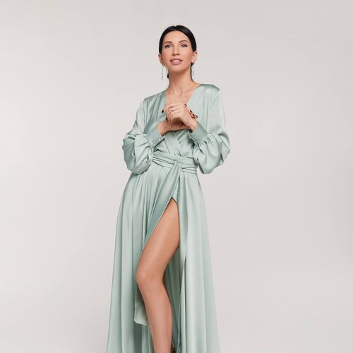 Sage Green Silk Long Sleeve Maxi Wrap Dress Bridesmaid Dress - Etsy