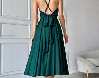 Emerald Green Satin Midi Dress Backless Dress Cottagecore Dress Wedding Guest Dress Bridesmaid Dress Formal Autumn Fall Dress Prom Dress