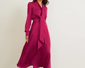 Magenta Satin Bow Tie Midi Dress Wedding Guest Dress Silk Midi Boho Formal Dress Minimalist Dress Prom Evening Dress Autumn Fall Dress