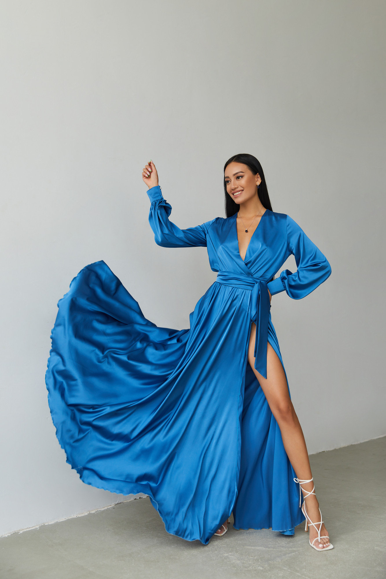 Satin wrap long sleeve dress 2025 Satin wrap long sleeve dress 2025