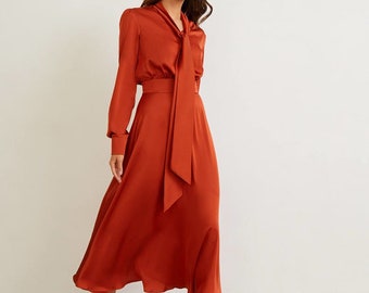 Rust Satin Bow Tie Midi Dress Wedding Guest Dress Silk Midi Boho Formal Dress Minimalist Dress Prom Evening Dress Autumn Fall Dress