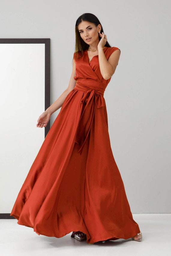 Rust Satin Sleeveless Maxi Wrap Dress Bridesmaid Dress Wedding