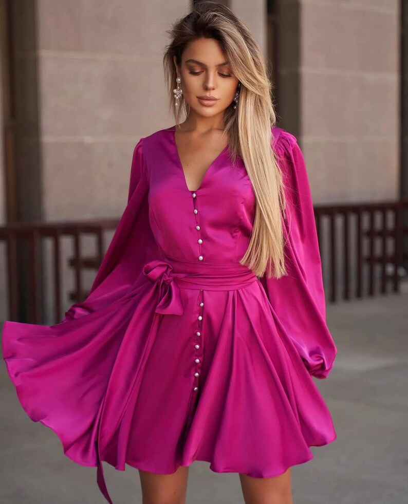 Berry Pink Silk Mini Cocktail Dress/ Wedding Guest Dress/ Long Sleeve