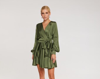 Olive silk mini cocktail dress/ wedding guest dress/ long sleeve dress/ silk mini wrap dress/ birthday dress/ satin mini wrap dress