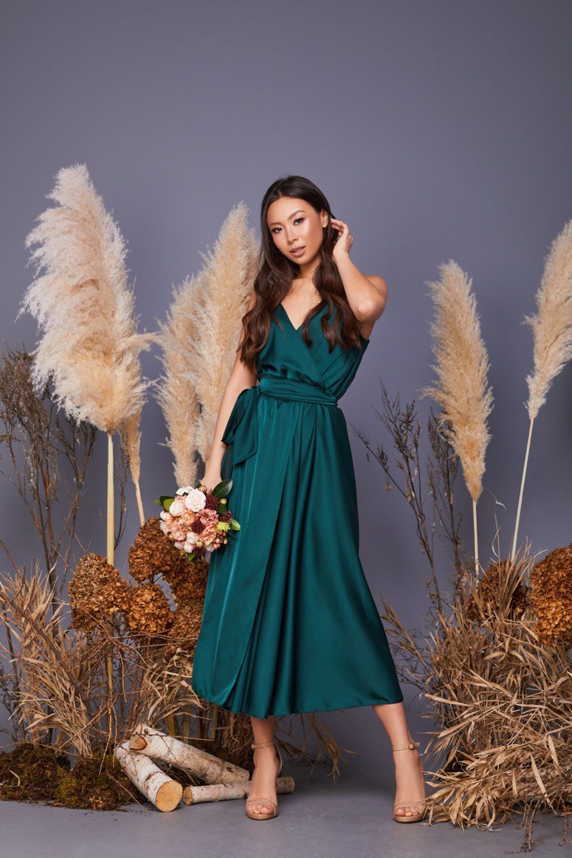 Emerald Green Satin Midi Wrap Dress/ Emerald Green Bridesmaid Etsy UK