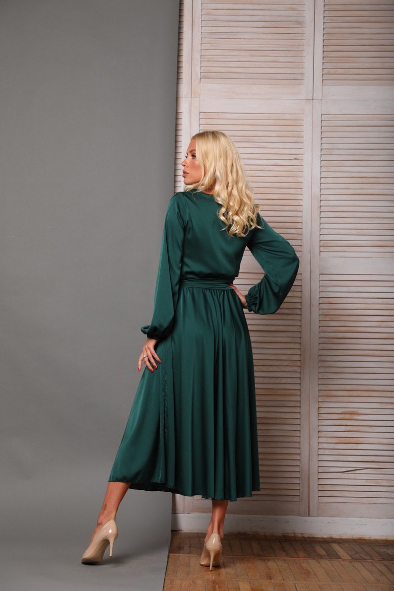 Emerald Green Silk Satin A-line Midi Dress/ Wedding Guest - Etsy