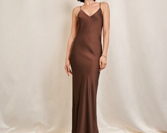 Brown satin maxi slip dress, Bridesmaid dress, Satin maxi slip dress, Formal dress, Wedding guest dress, Cami slip dress, Simple dress