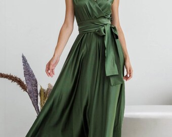 Olive Bridesmaid Dress Wedding Guest Dress Dress Satin Sleeveless Maxi Wrap Dress Minimalist Dress Formal Dress Evening Autumn Fall Dress