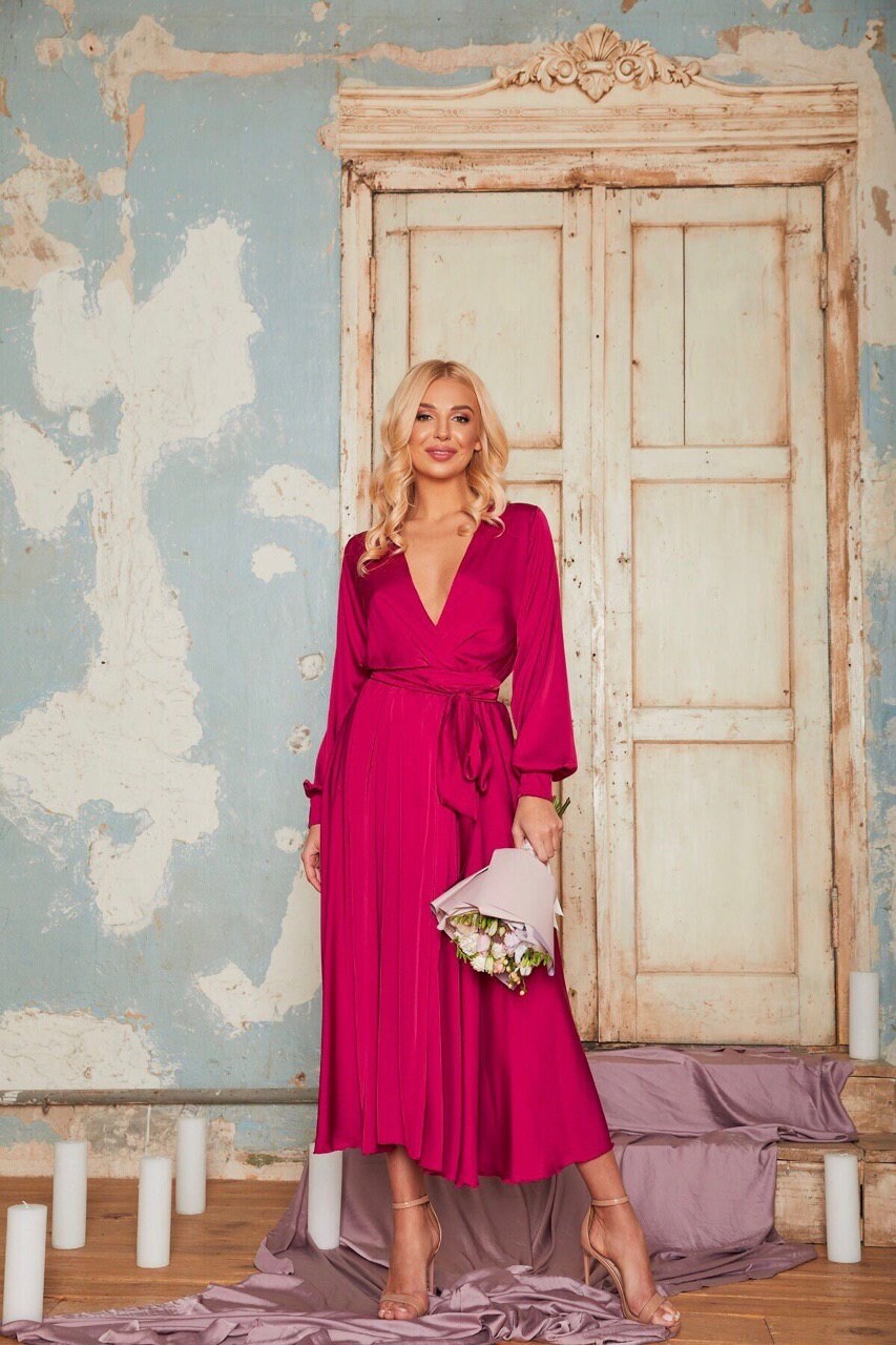 long pink wrap dress