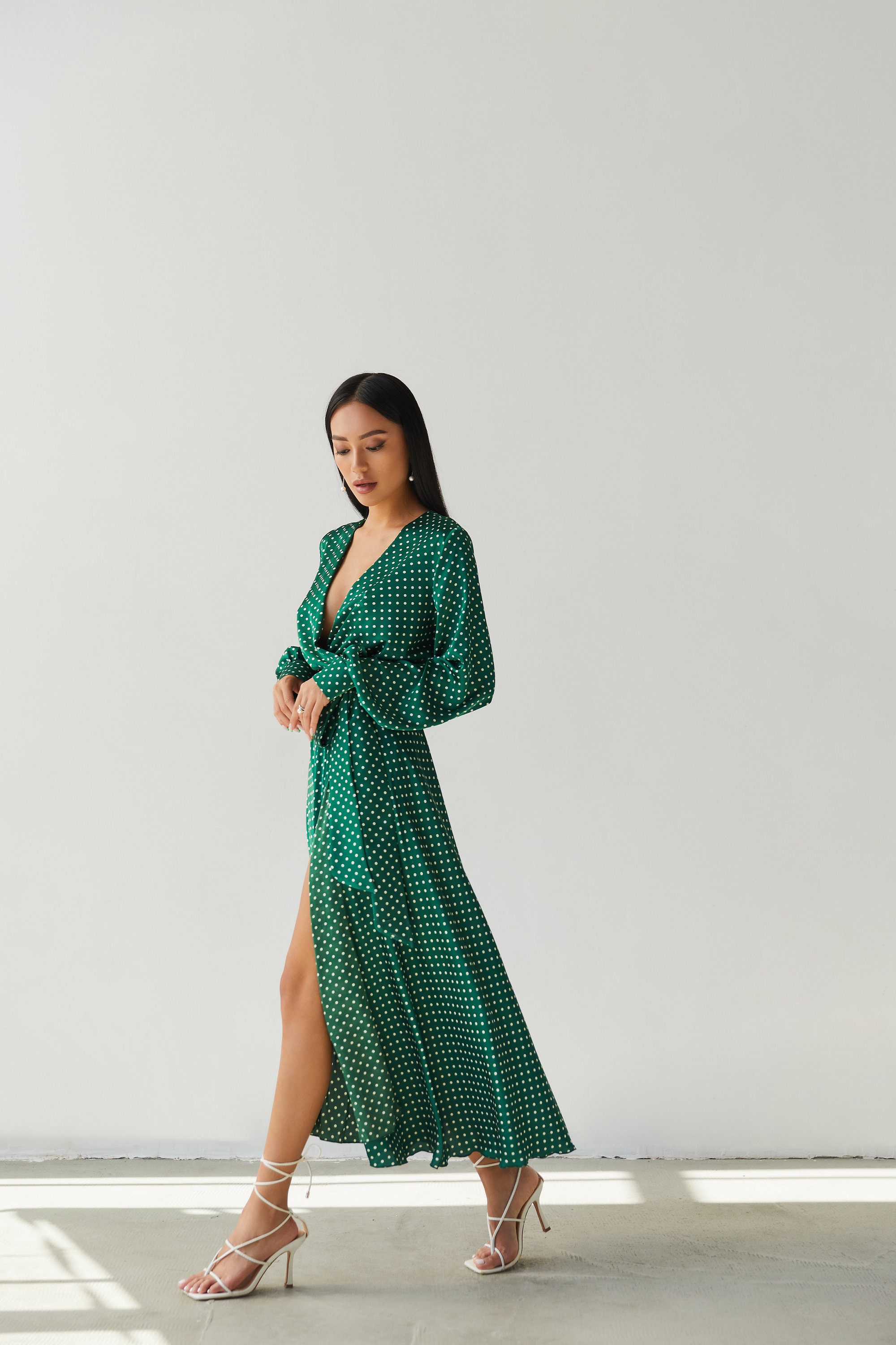 Emerald Green Satin Polka Dot Midi Long Sleeve Dress Wedding Guest