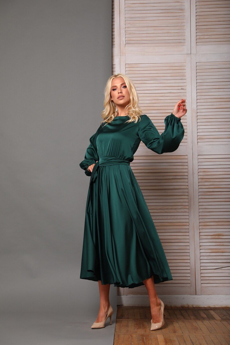 Olive Silk Satin A-line Midi Dress/ Wedding Guest Dress/ Midi - Etsy