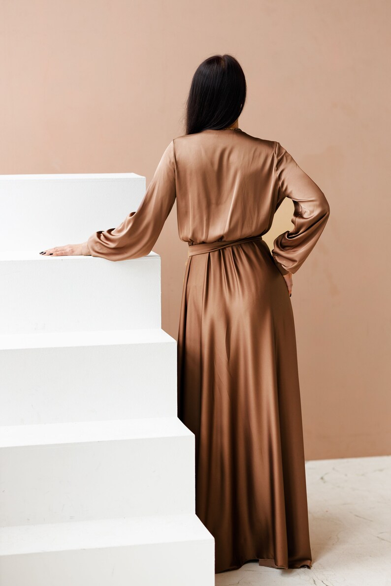 Mocha Brown Silk Maxi Dress Bridesmaid Dress Long Sleeve Dress Etsy