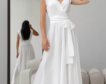 White Simple Wedding Dress Satin Sleeveless Maxi Wrap Dress Minimalist Boho Dress Formal White Silk Wedding Dress White Satin Formal dress