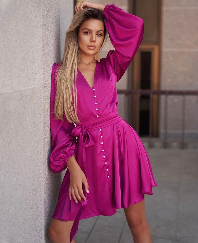Berry Pink Silk Mini Cocktail Dress/ Wedding Guest Dress/ Long Sleeve Mini Dress/ Silk Mini Wrap