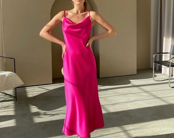 Fuchsia pink silk maxi slip dress, Bridesmaid dress, Satin maxi slip dress, Formal dress, Wedding guest dress, Cami strap dress