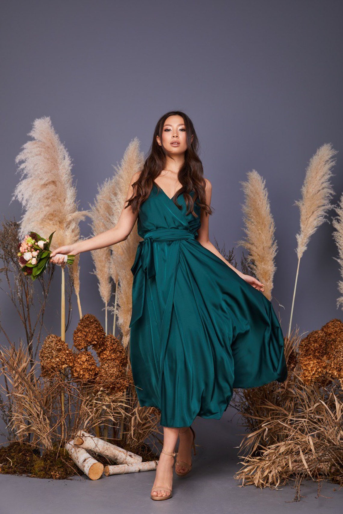 Emerald Green Satin Ribbon Tube Wrap Dress