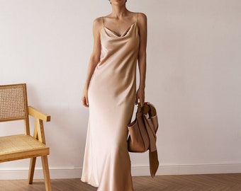 Champagne satin maxi slip dress, Cowl neck slip dress, Bridesmaid dress, Simple cami slip dress, Wedding guest dress, Minimalist dress