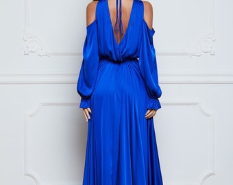 Royal Blue Satin Maxi Wrap Dress Wedding Guest Dress Mother Of The Bride Dress Satin Cold Shoulder Dress Boho Beach Dress Maternity Dress