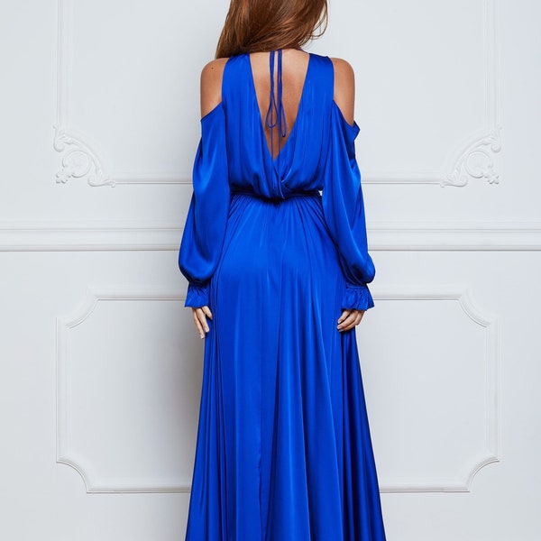 Royal Blue Satin Maxi Wrap Dress Wedding Guest Dress Mother Of The Bride Dress Satin Cold Shoulder Dress Boho Beach Dress Maternity Dress